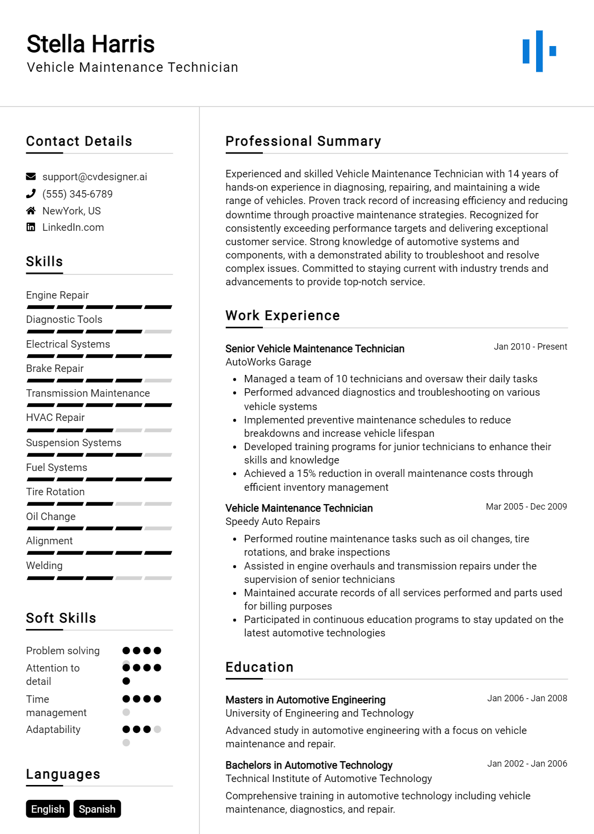 Vehicle Maintenance Technician Resume Example