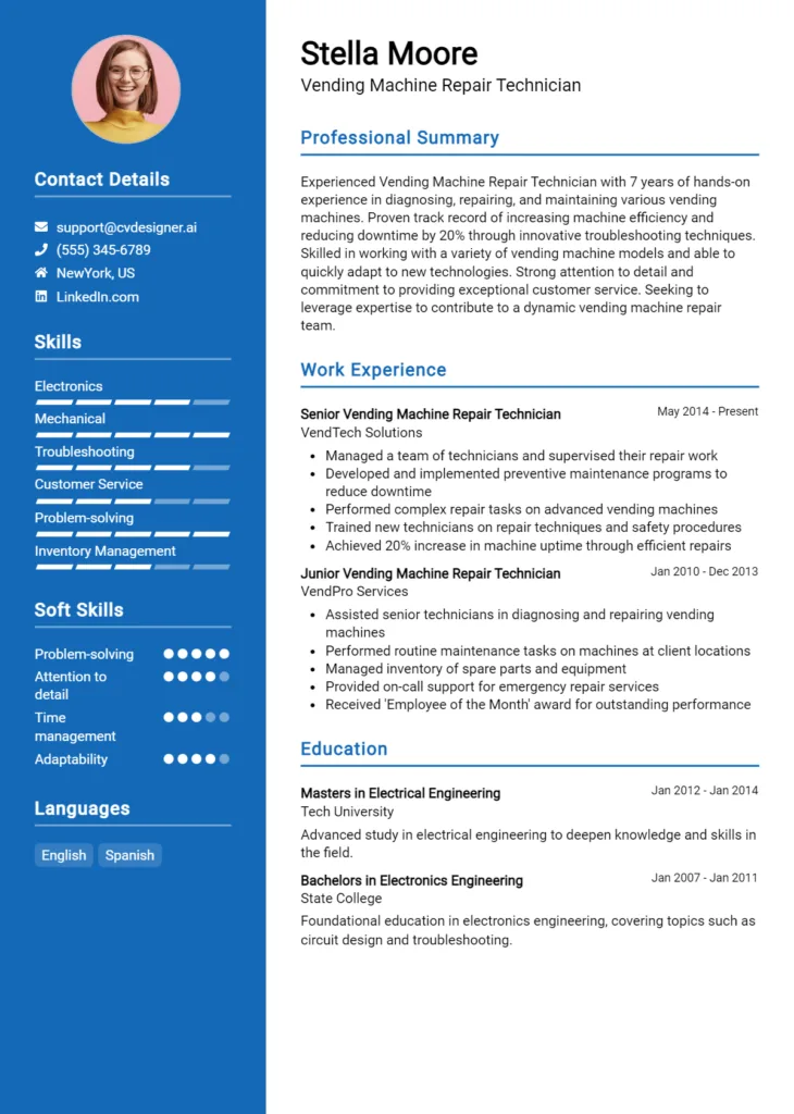 Vending Machine Repair Technician Resume Example