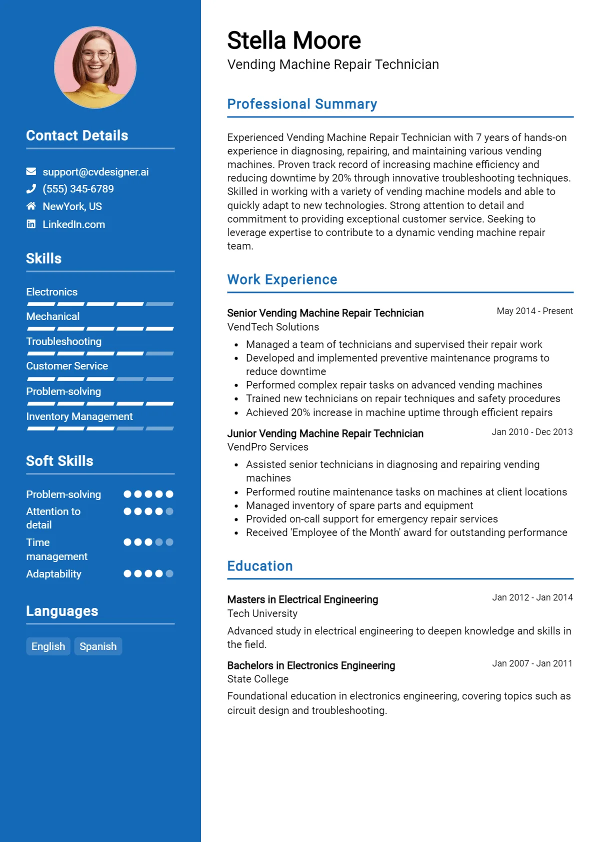 Vending Machine Repair Technician Resume Example