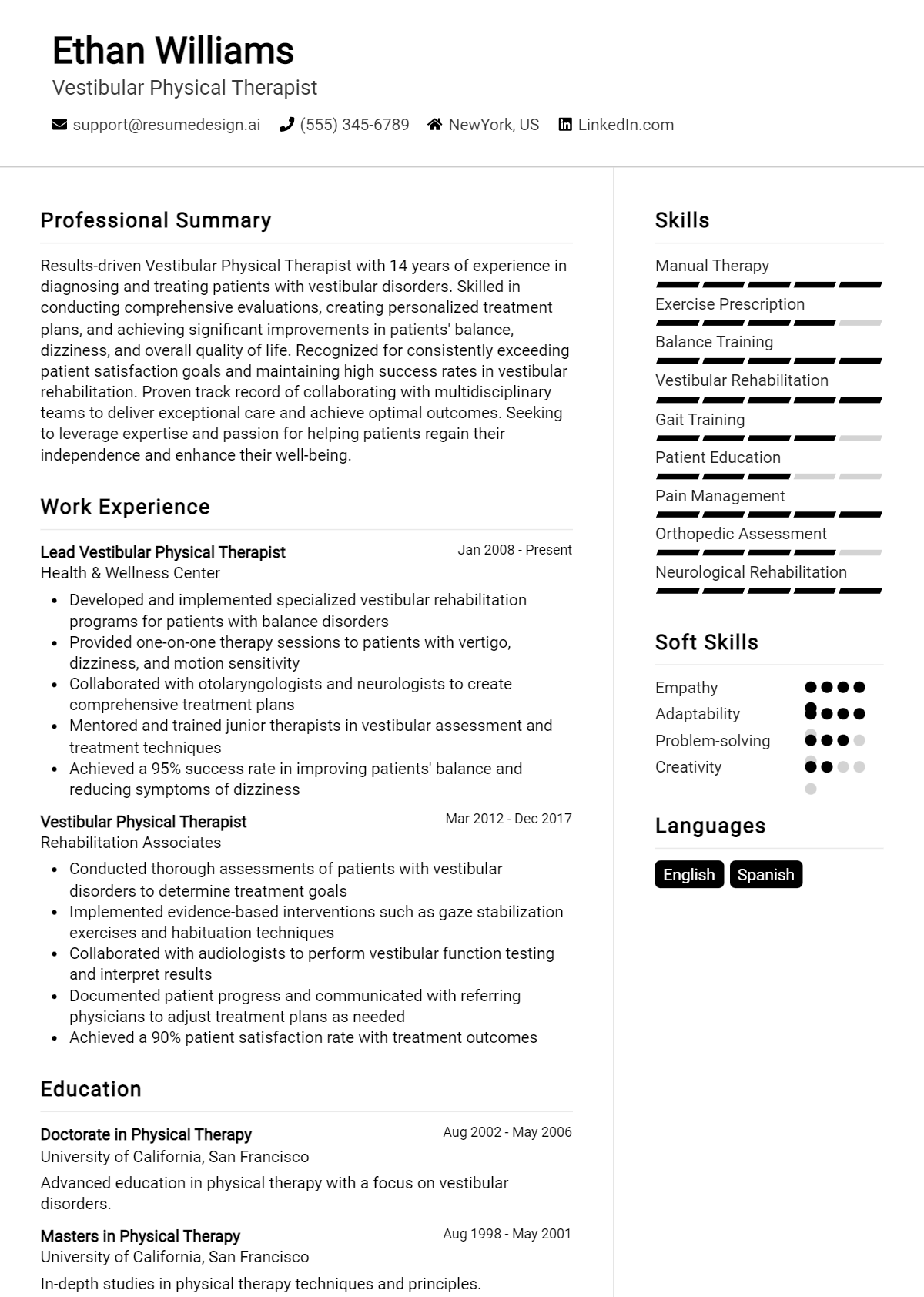 Vestibular Physical Therapist Resume Example