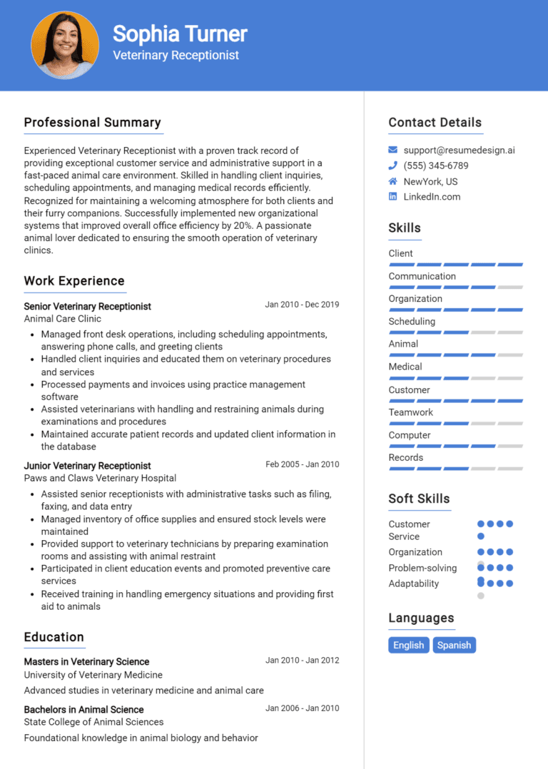 15 Veterinary Receptionist Resume Examples And Templates for 2025: Best Tips