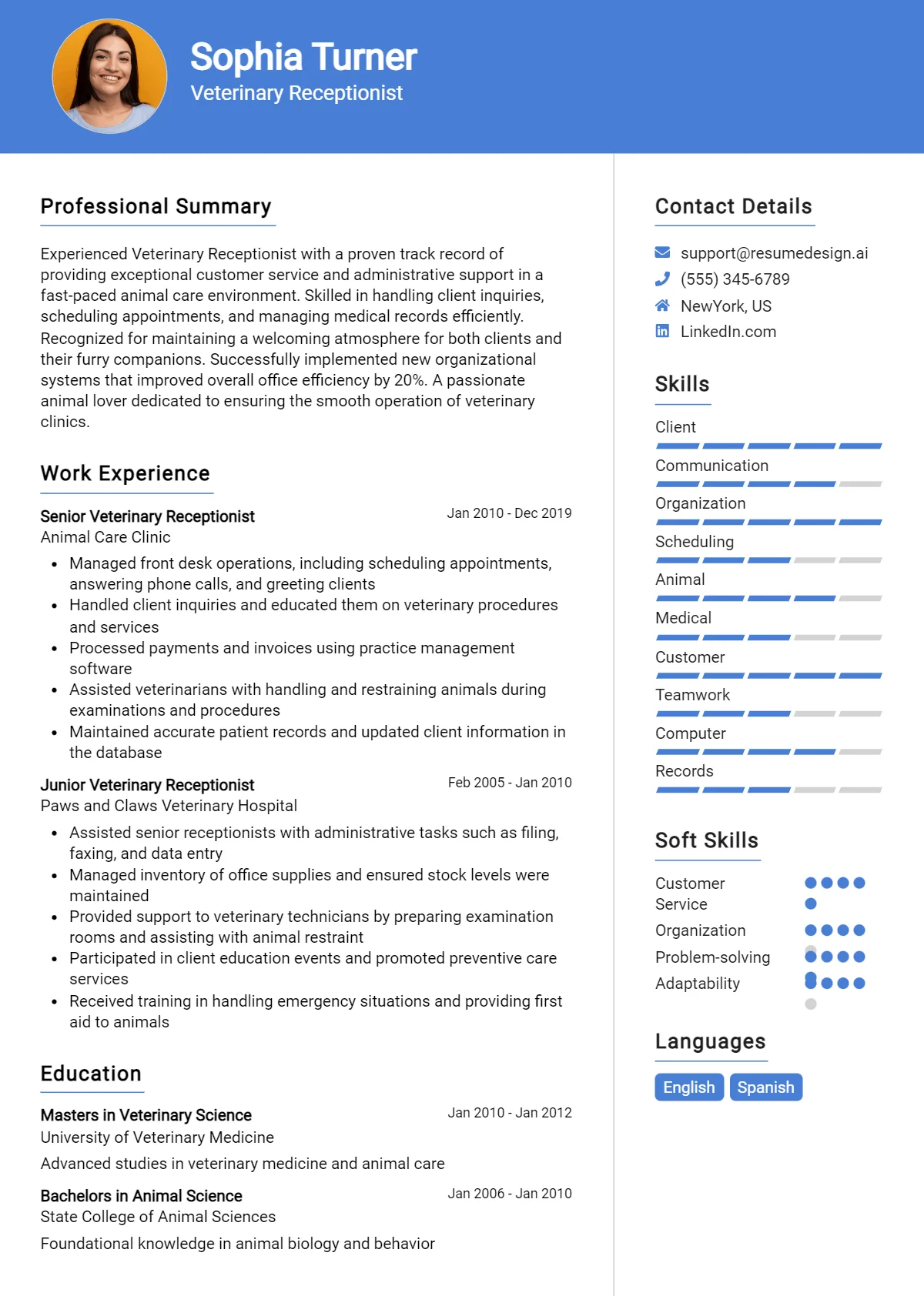 Veterinary Receptionist Resume Example