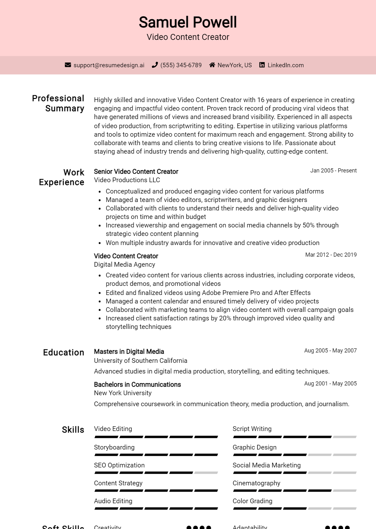 Video Content Creator Resume Example