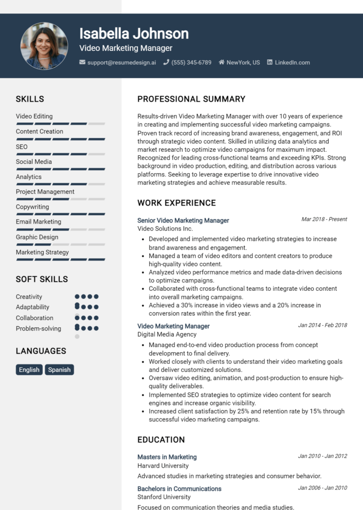 Video Marketing Manager Resume Example