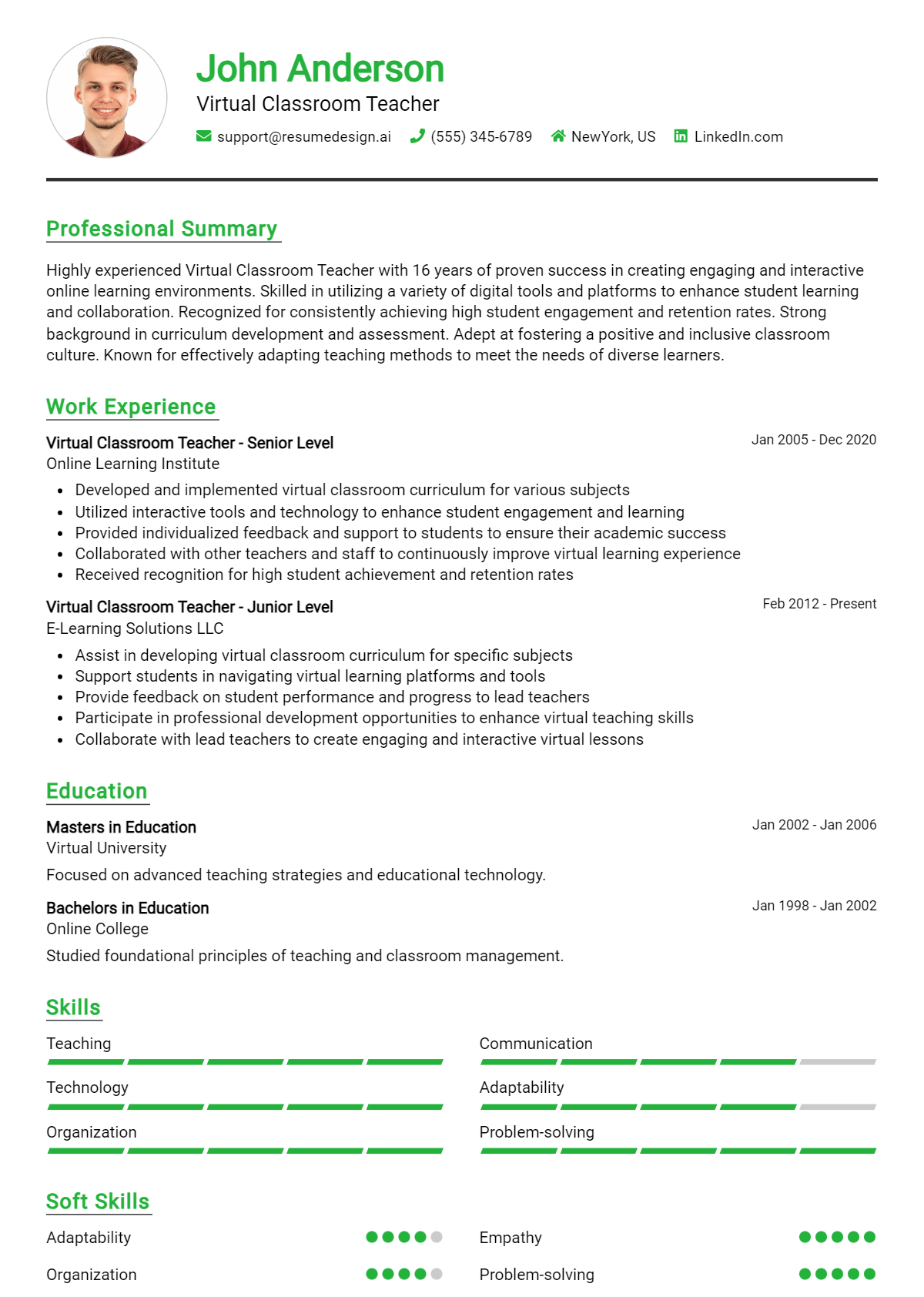 Virtual Classroom Teacher Resume Example