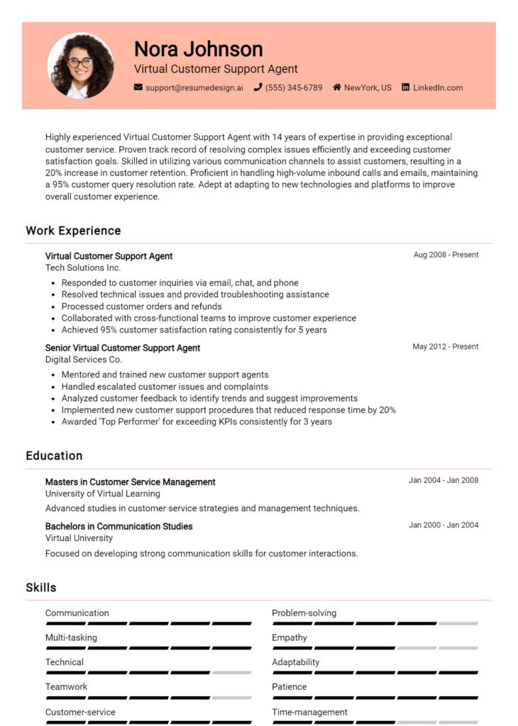 Virtual Customer Support Agent Resume Example