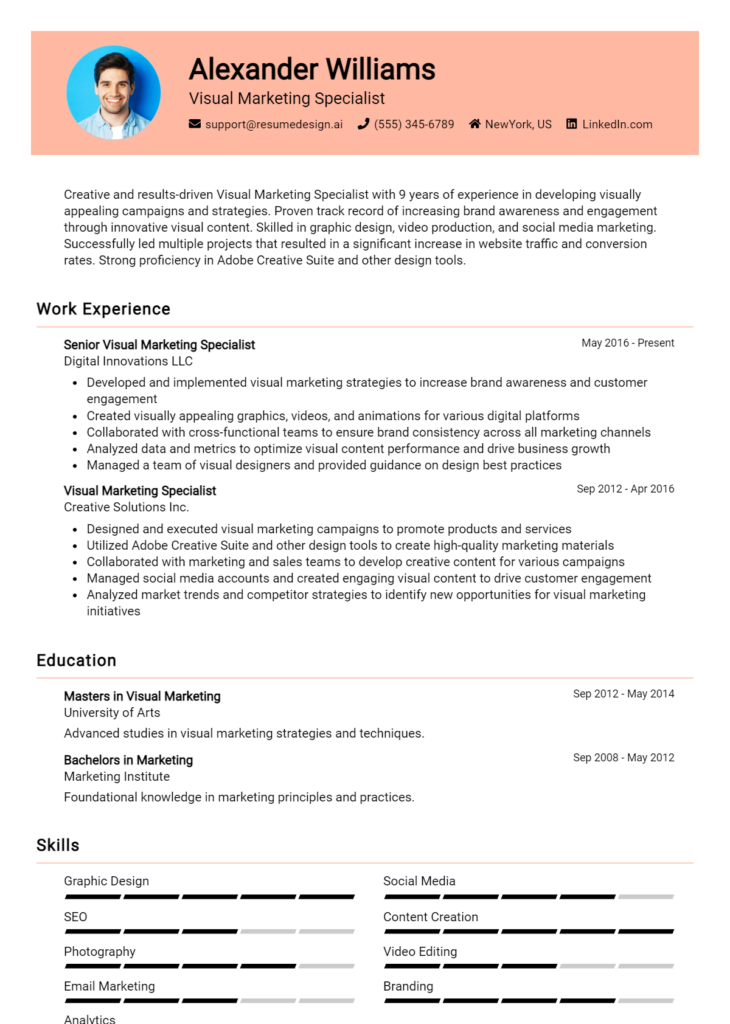 Visual Marketing Specialist Resume Example