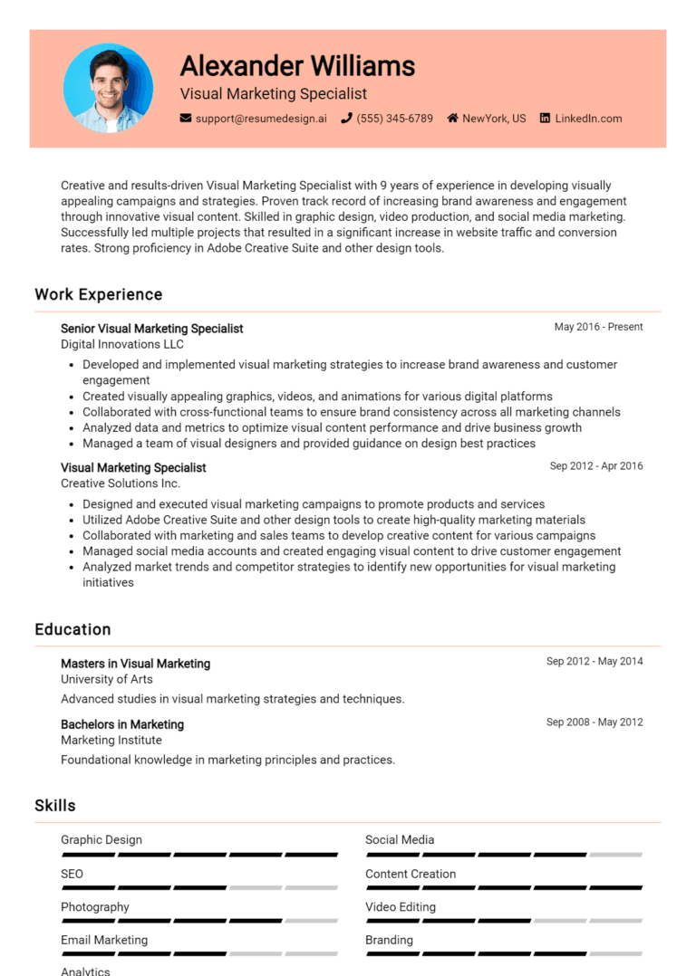 26 Visual Marketing Specialist Resume Examples And Templates for 2025: Expert Tips
