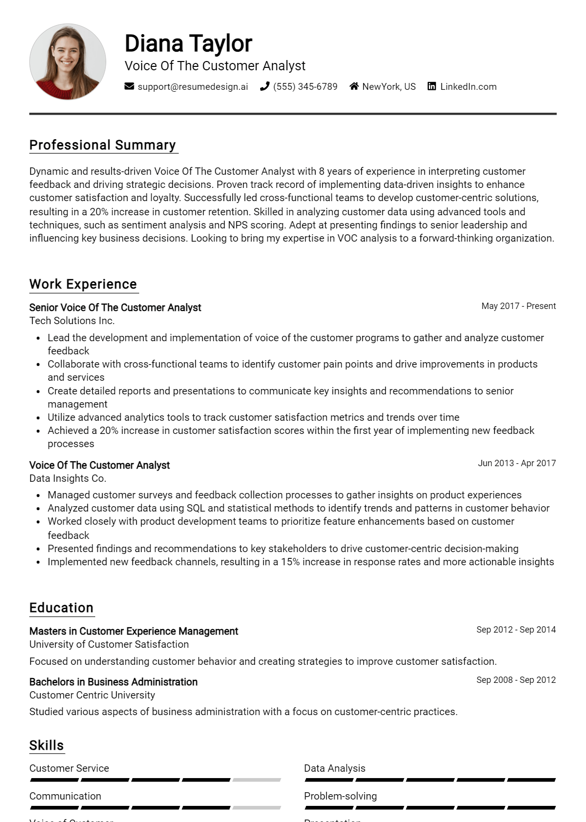 Voice Of The Customer Analyst Resume Example