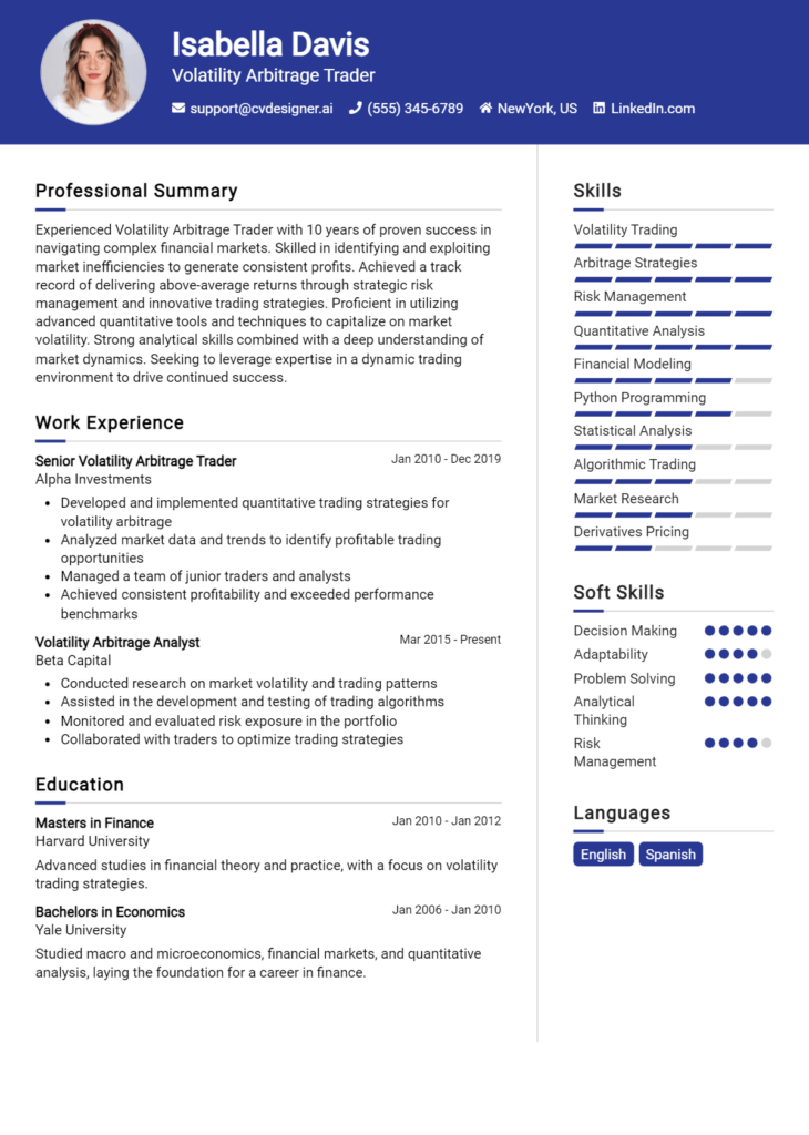 Volatility Arbitrage Trader Resume Example