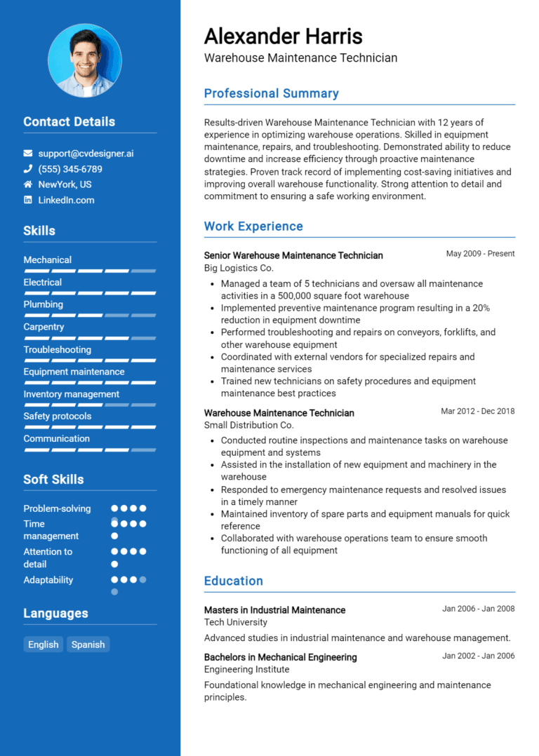18 Warehouse Maintenance Technician Resume Examples And Templates for 2025