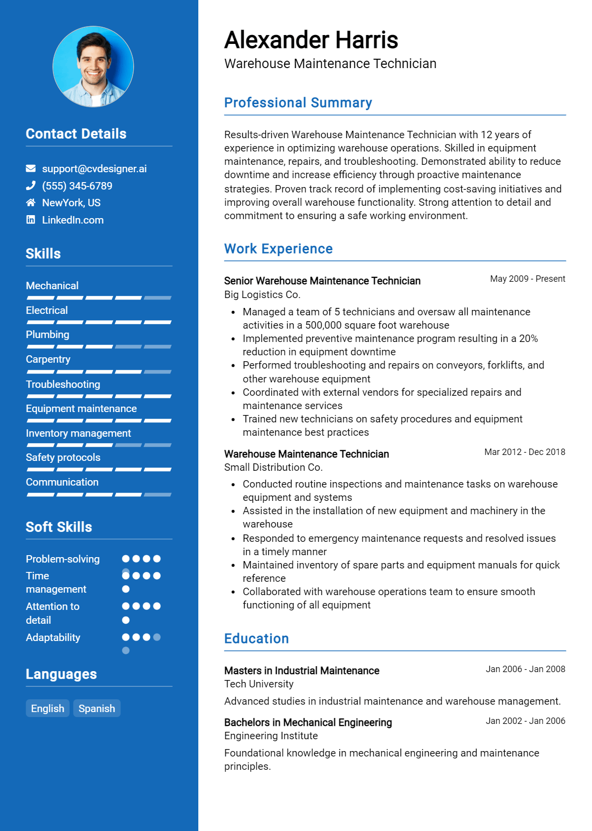 Warehouse Maintenance Technician Resume Example