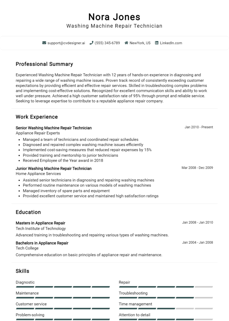 Washing Machine Repair Technician Resume Example