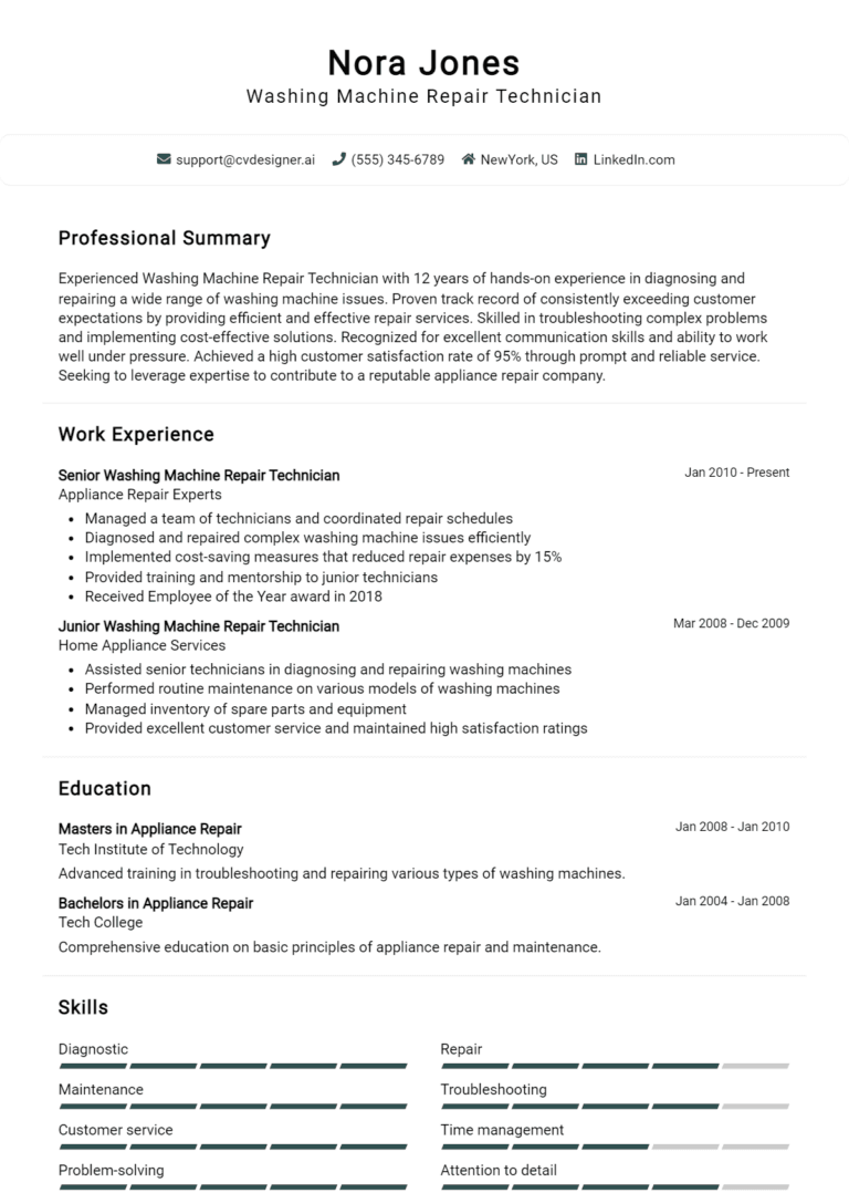 12 Washing Machine Repair Technician Resume Examples And Templates for 2025