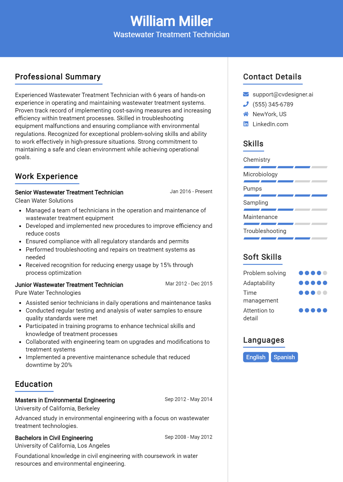 Wastewater Treatment Technician Resume Example