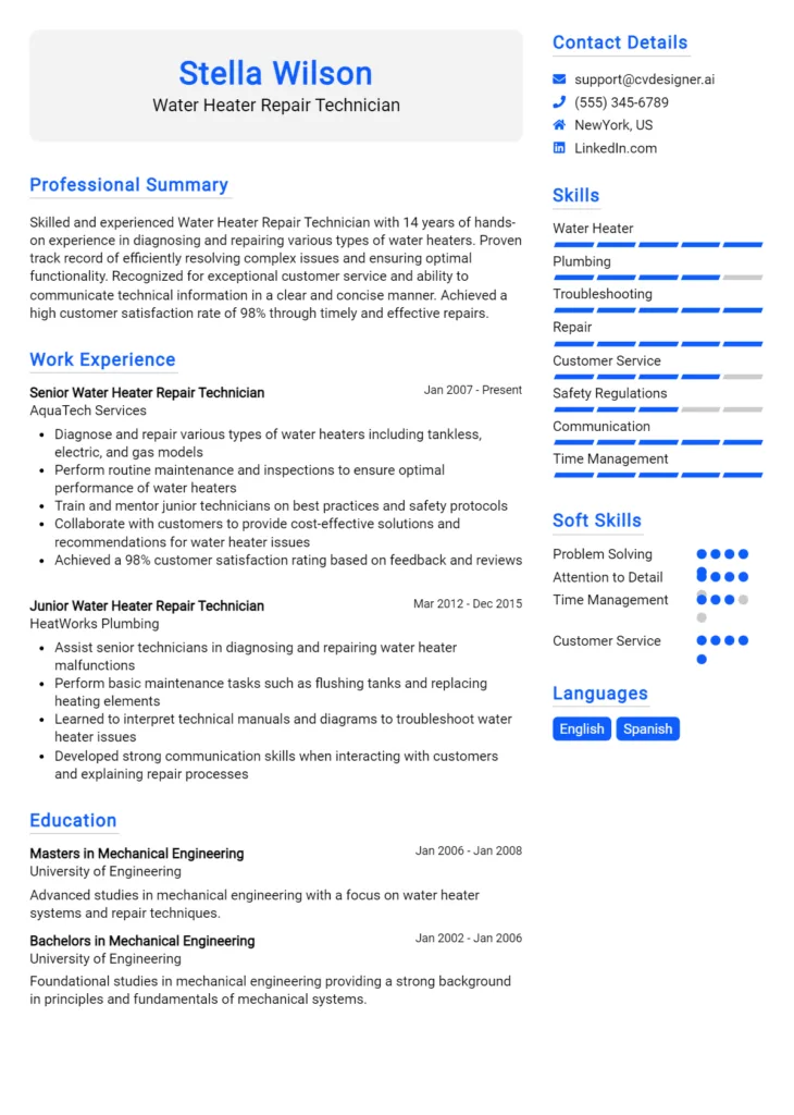 Water Heater Repair Technician Resume Example