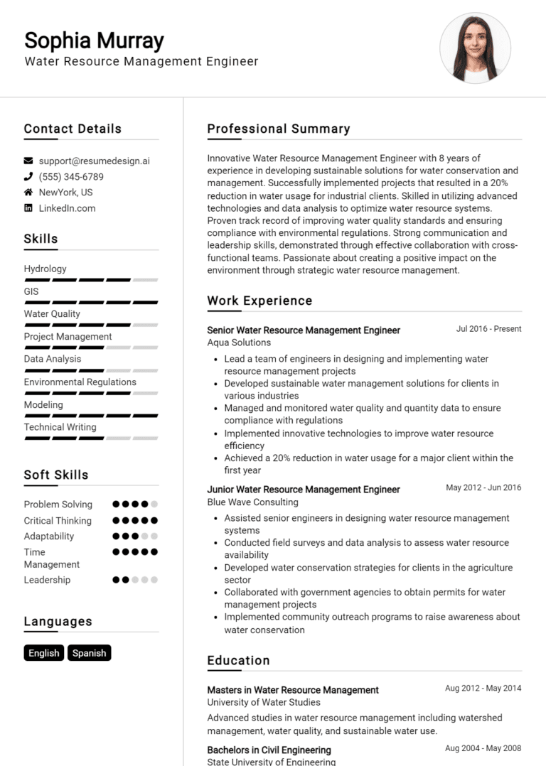 19 Water Resource Management Engineer Resume Examples And Templates for 2025