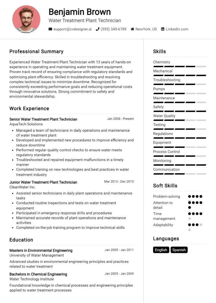 Water Treatment Plant Technician Resume Example