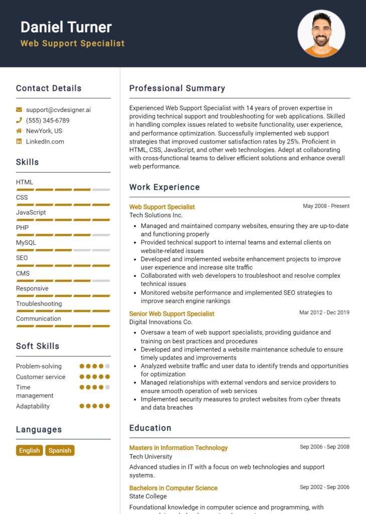 Web Support Specialist Resume Example