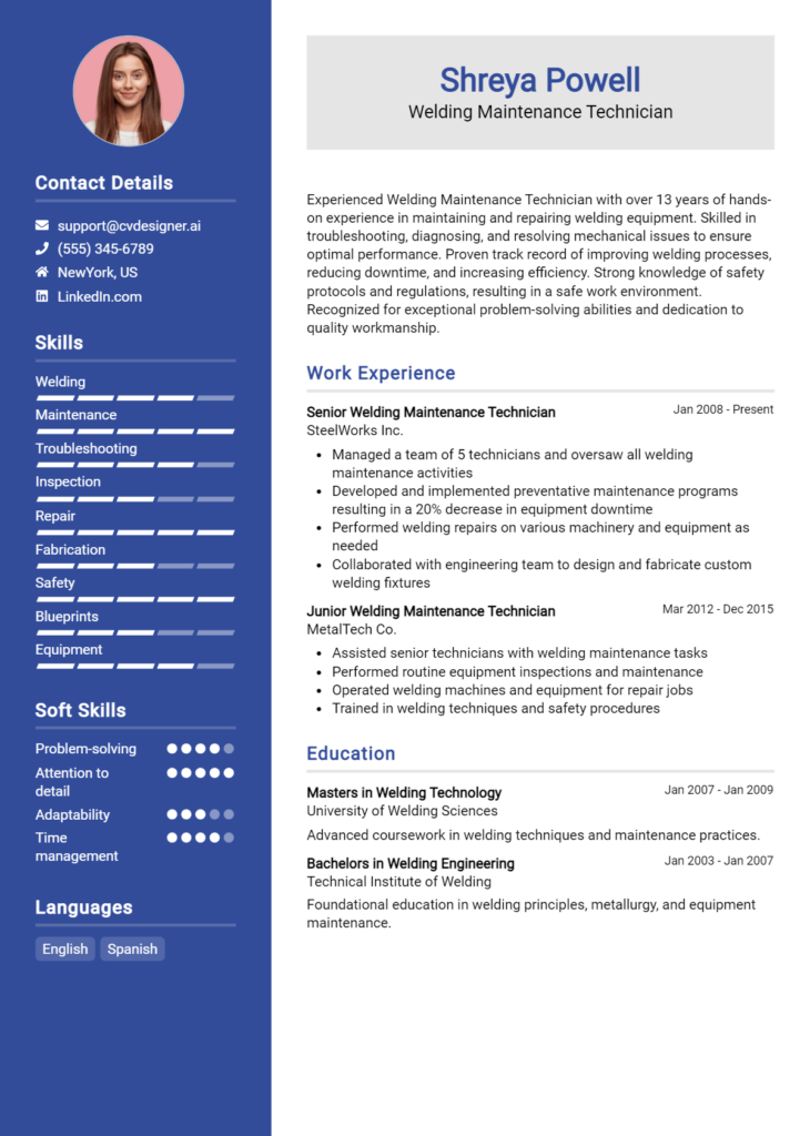 Welding Maintenance Technician Resume Example