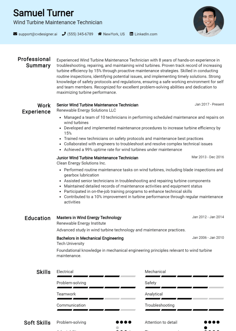 14 Wind Turbine Maintenance Technician Resume Examples And Templates for 2025