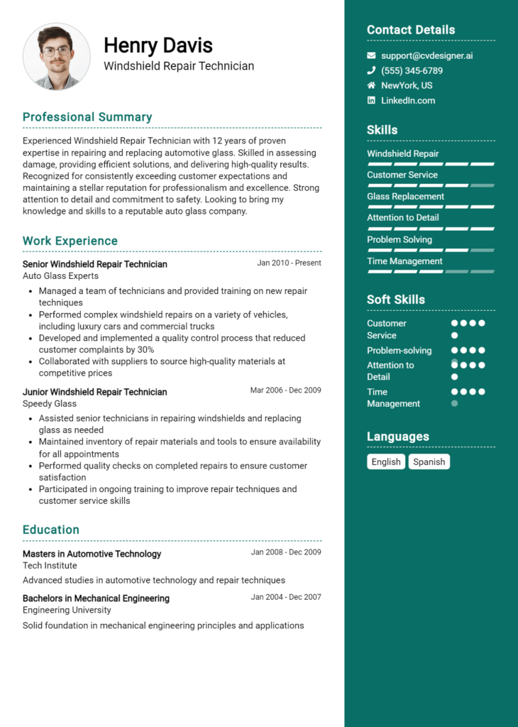 Windshield Repair Technician Resume Example