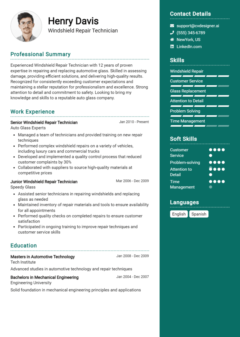 23 Windshield Repair Technician Resume Examples And Templates for 2025 (Downloadable)