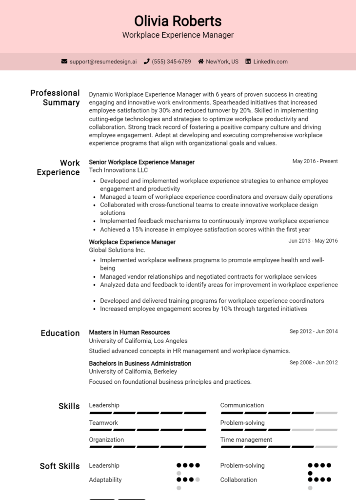 Workplace Experience Manager Resume Example