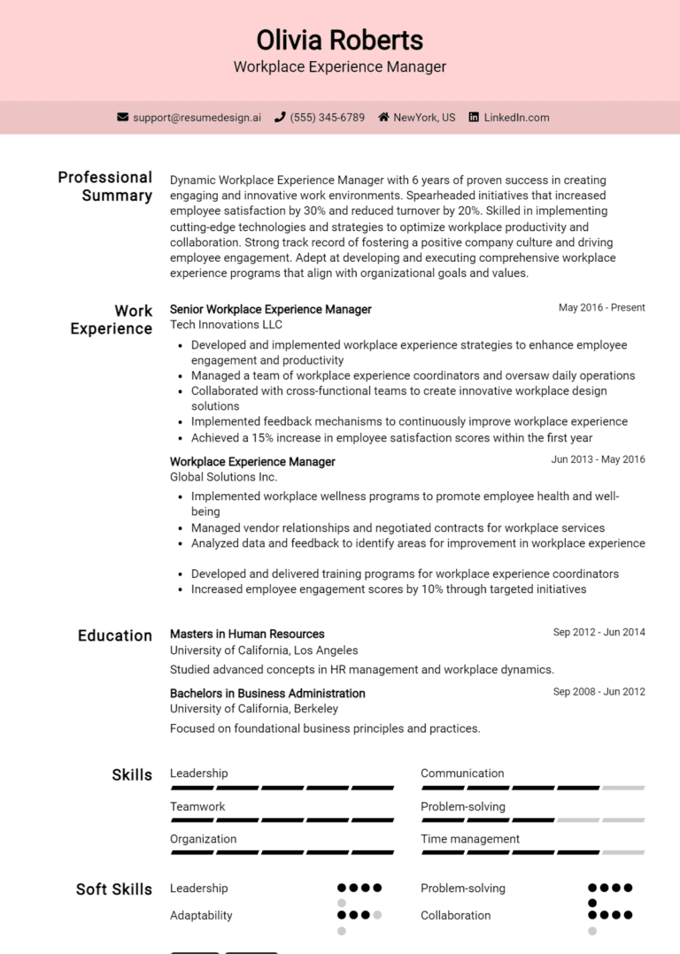 15 Workplace Experience Manager Resume Examples And Templates for 2025