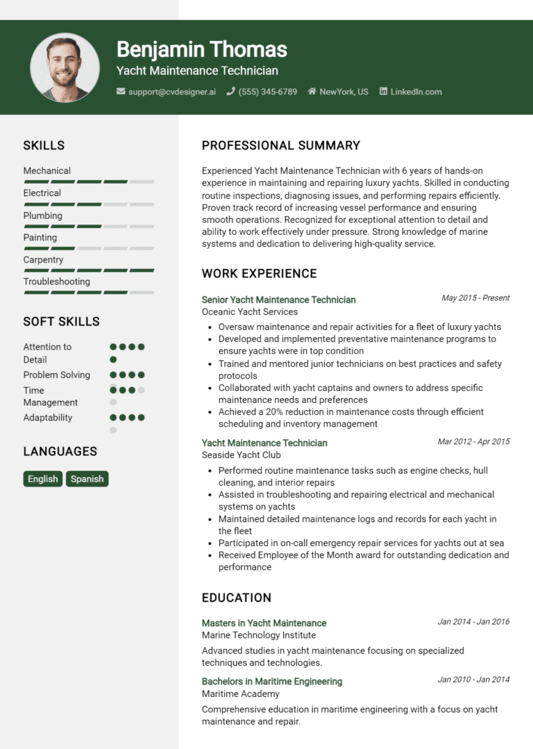 14 Yacht Maintenance Technician Resume Examples And Templates for 2025