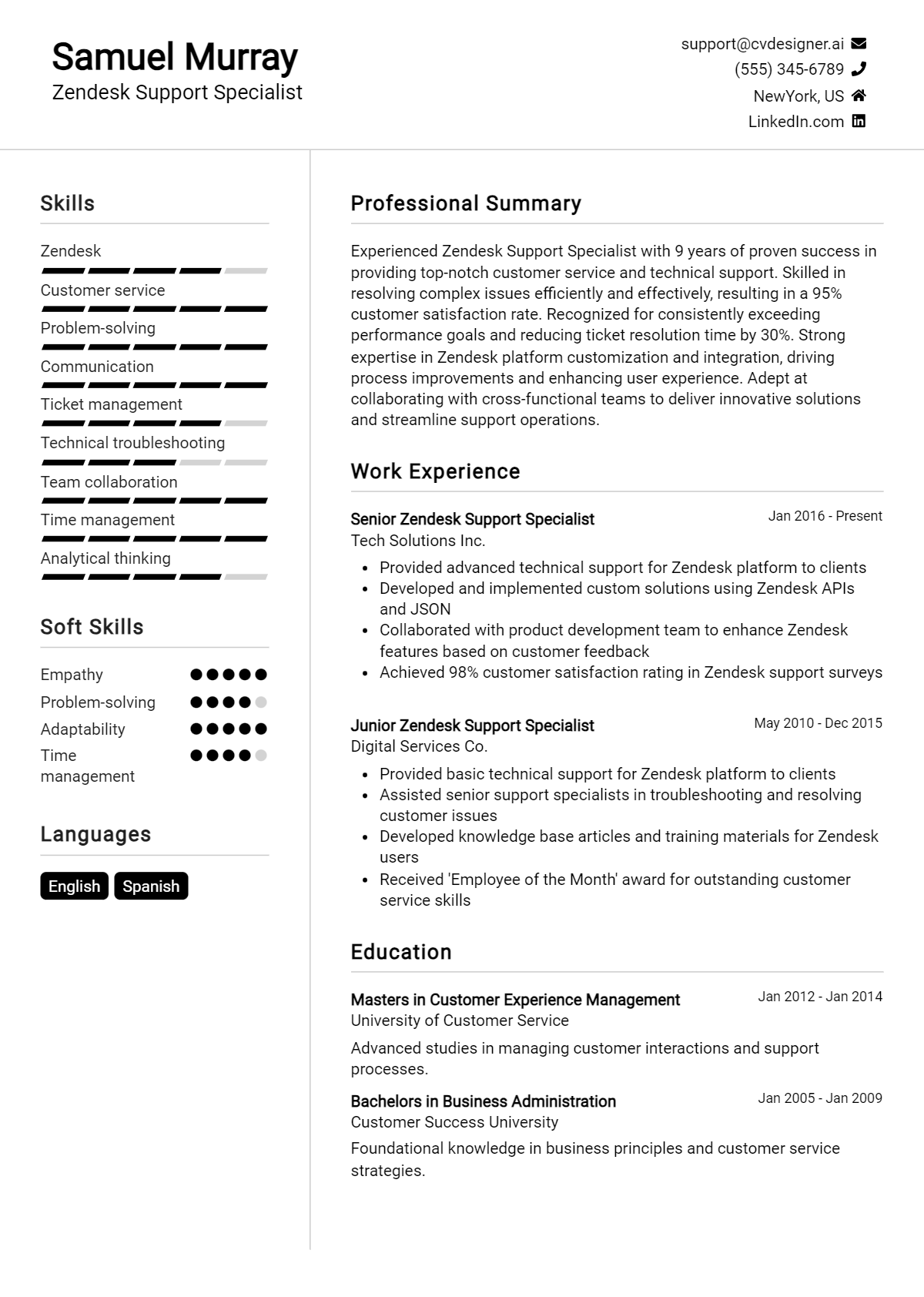 Zendesk Support Specialist Resume Example