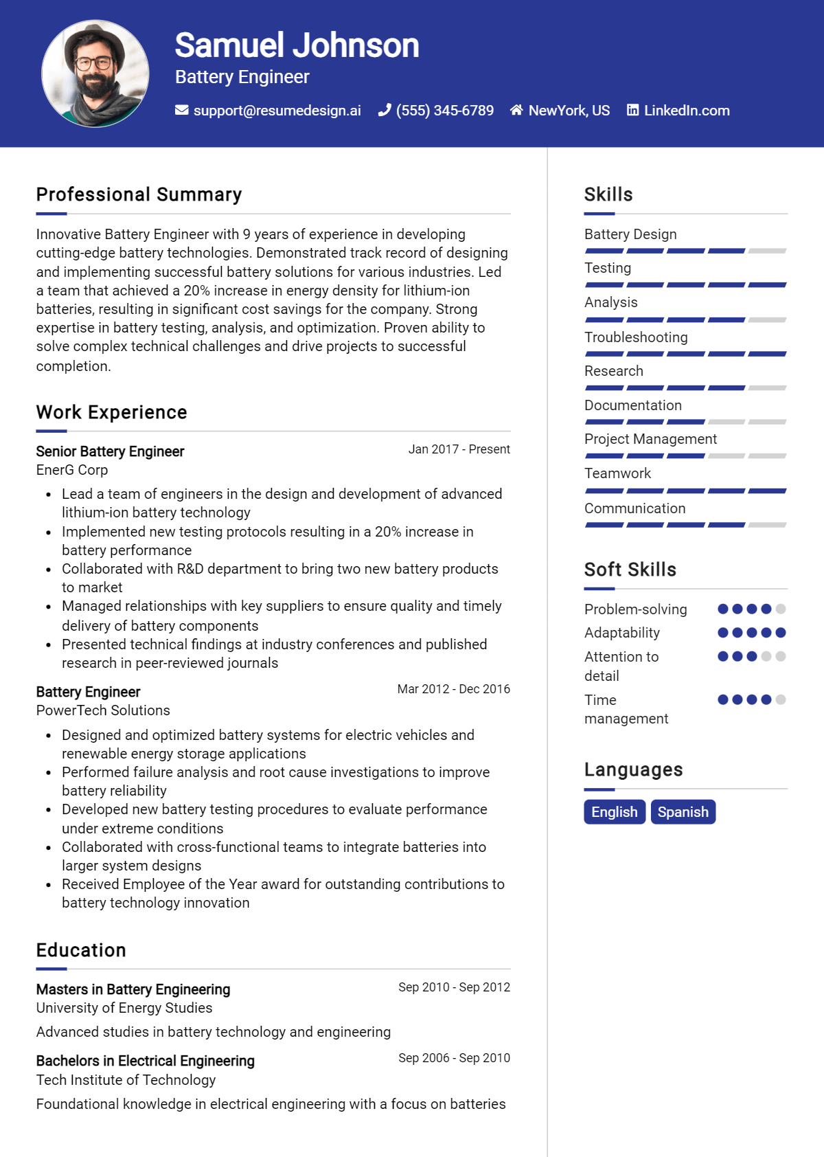 Battery Engineer Resume Example