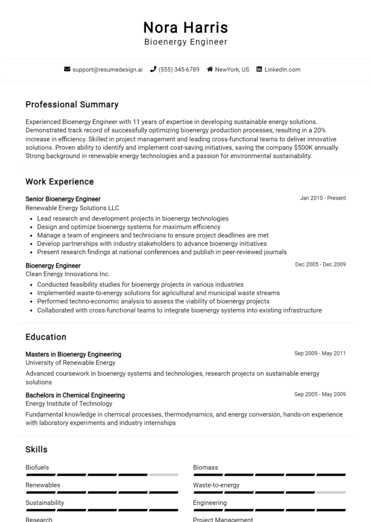 Bioenergy Engineer Resume Example