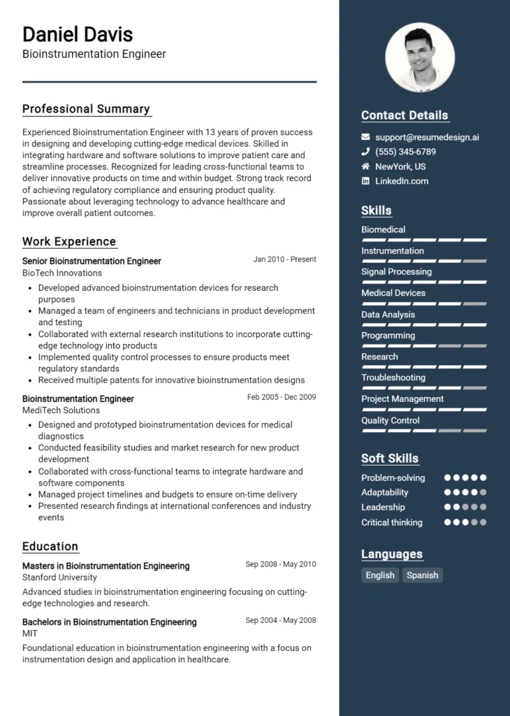 Bioinstrumentation Engineer Resume Example