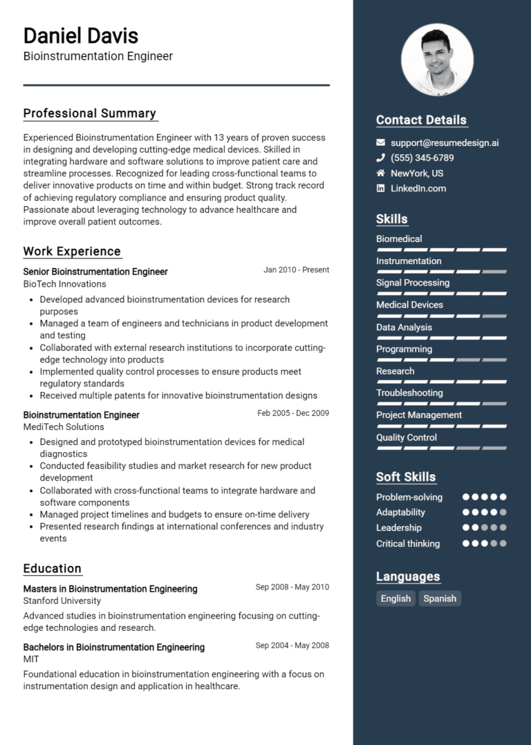 20 Bioinstrumentation Engineer Resume Examples And Templates for 2025