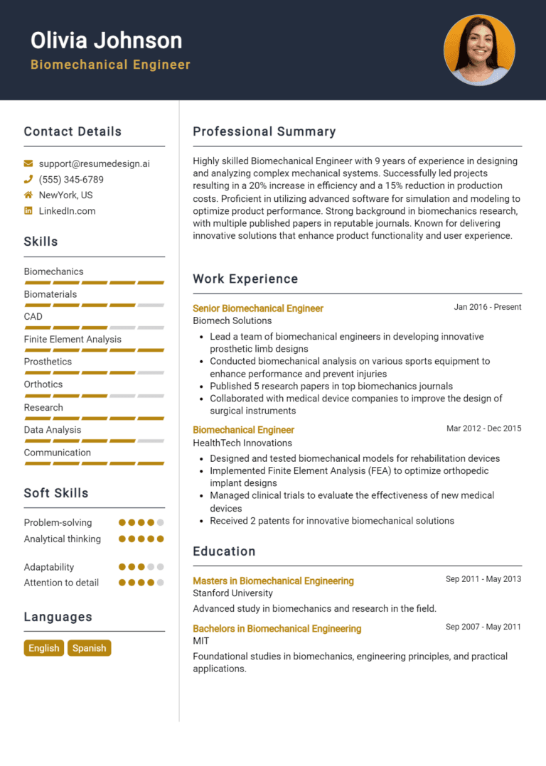 20 Biomechanical Engineer Resume Examples And Templates for 2025: Top Tips