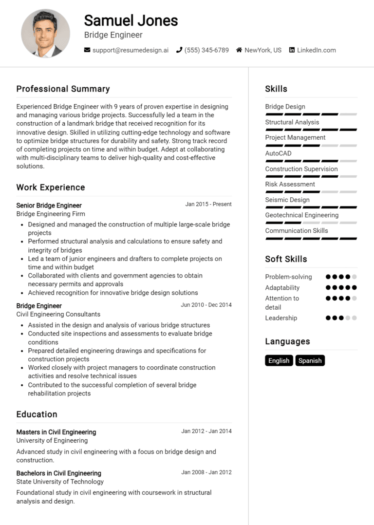 20 Bridge Engineer Resume Examples And Templates for 2025