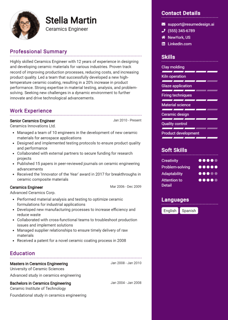 19 Ceramics Engineer Resume Examples And Templates for 2025 [Guide]