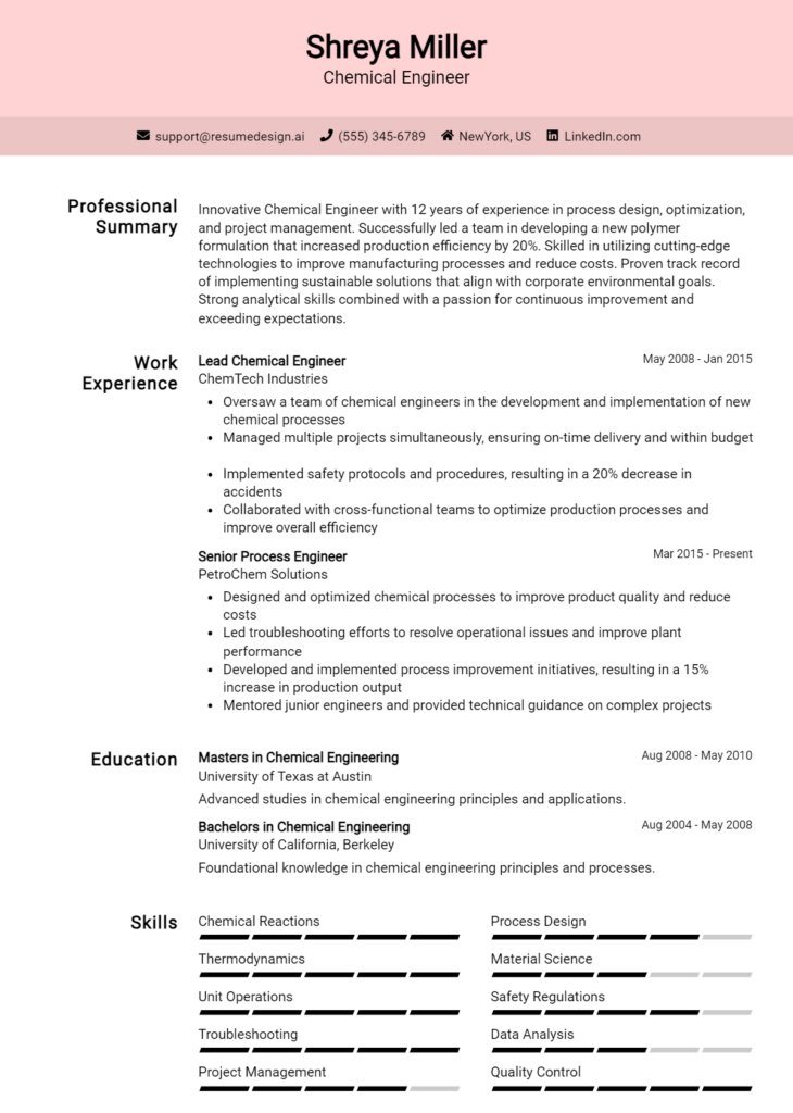 Chemical Engineer Resume Example