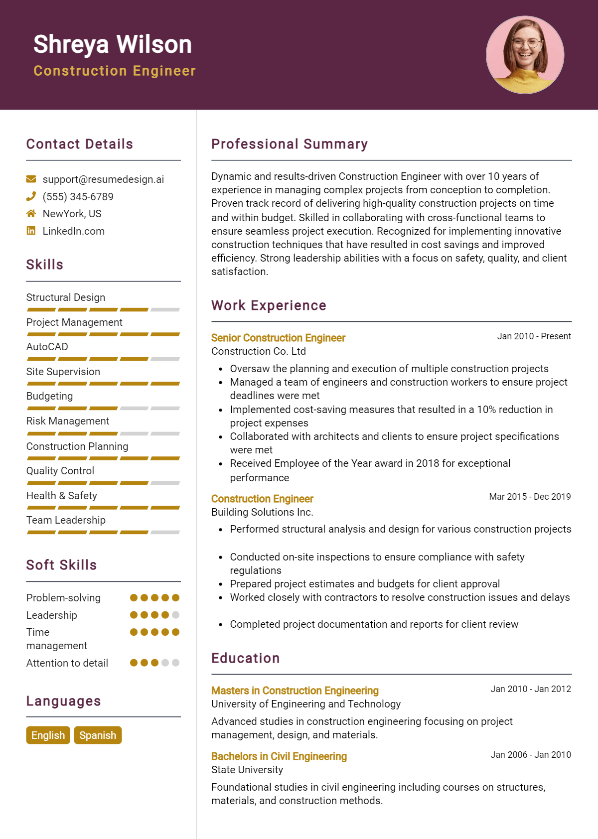 Construction Engineer Resume Example