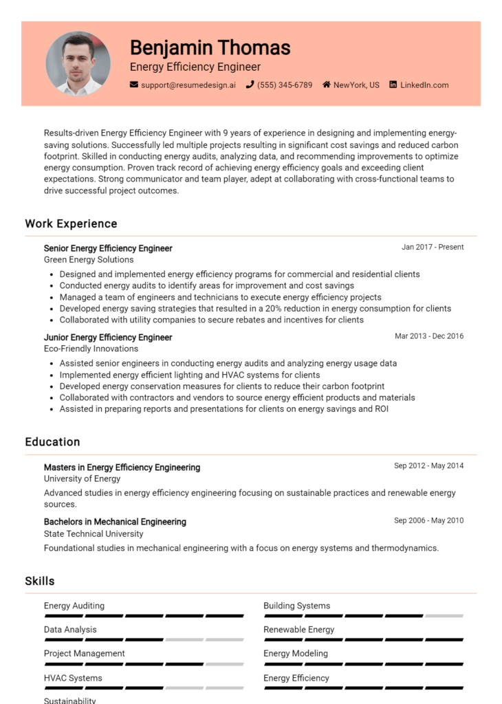 Energy Efficiency Engineer Resume Example