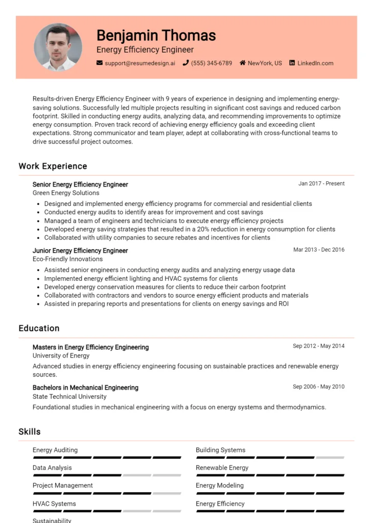 Energy Efficiency Engineer Resume Example