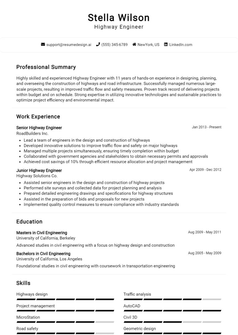 20 Highway Engineer Resume Examples And Templates for 2025