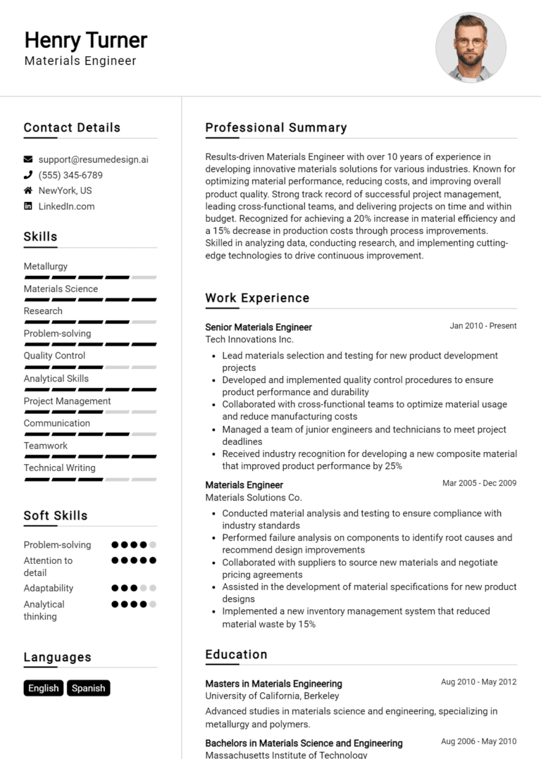 19 Materials Engineer Resume Examples And Templates for 2025: Top Tips