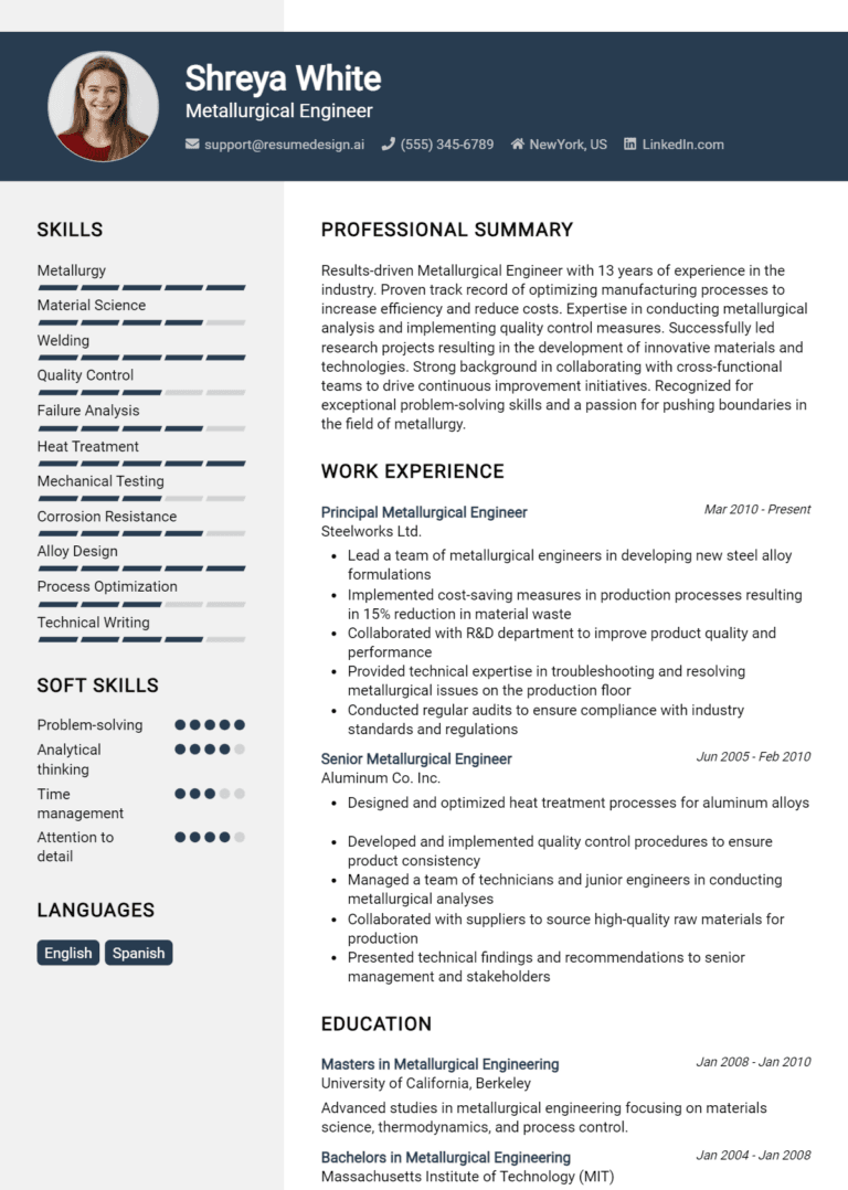 19 Metallurgical Engineer Resume Examples And Templates for 2025