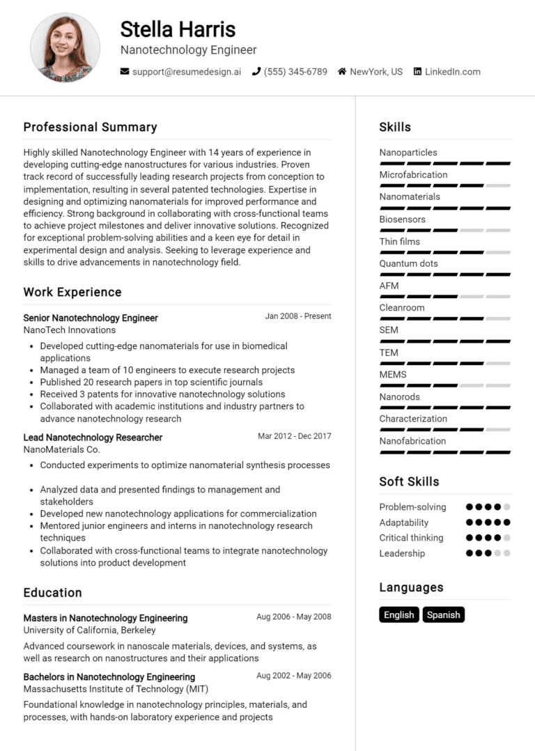19 Nanotechnology Engineer Resume Examples And Templates for 2025: Best Tips