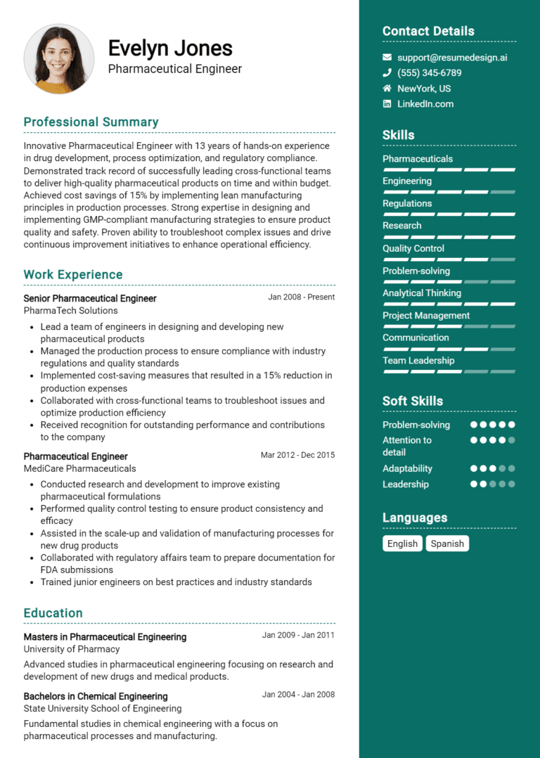 19 Pharmaceutical Engineer Resume Examples And Templates for 2025