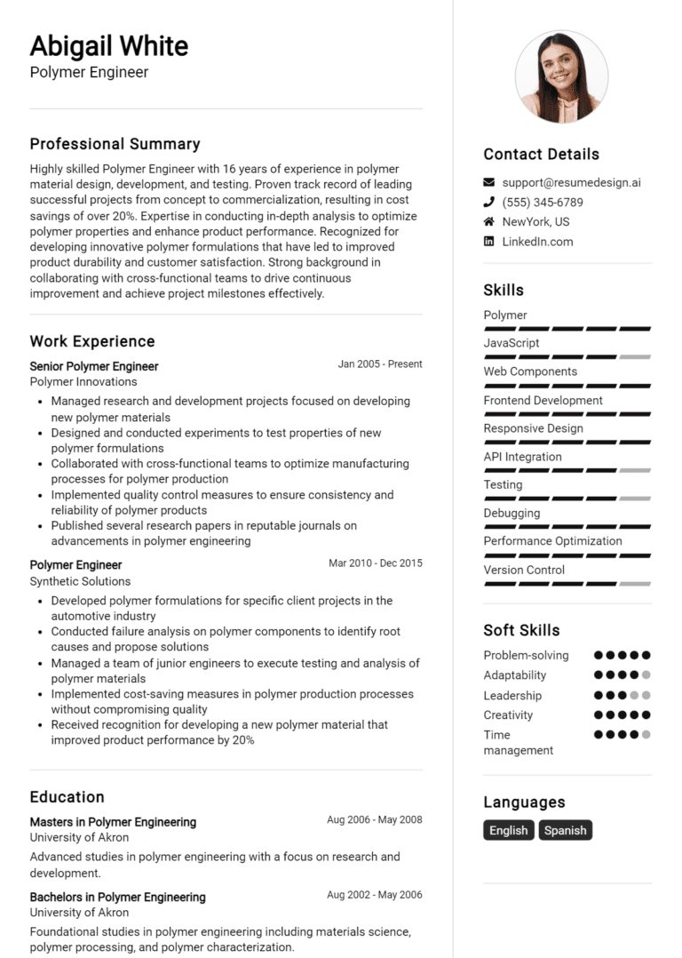 19 Polymer Engineer Resume Examples And Templates for 2025