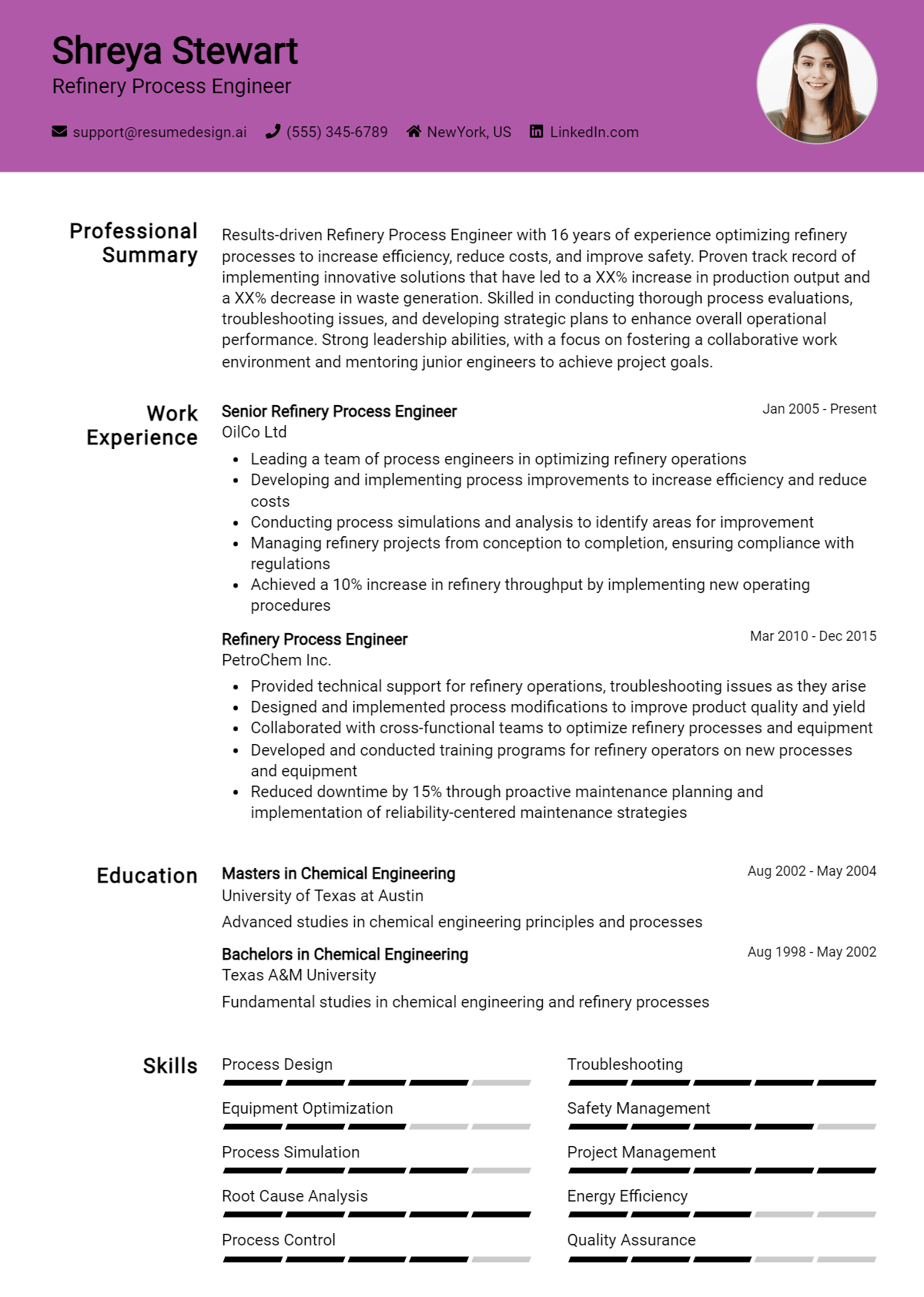 Refinery Process Engineer Resume Example