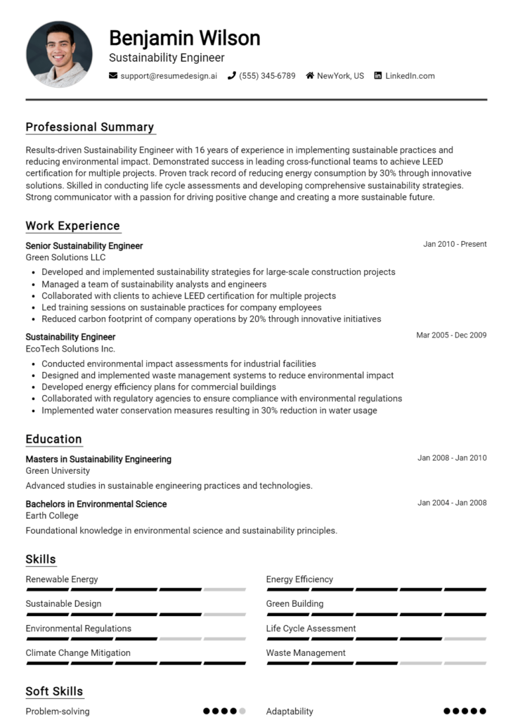 Sustainability Engineer Resume Example